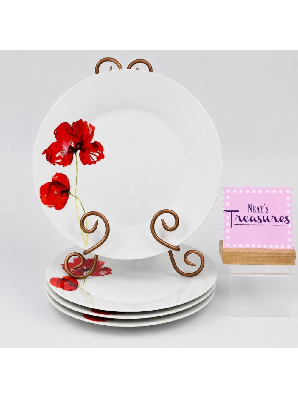 H2K Home To Kitchen POPPI Red Floral White Porcelain 10.5" Dinner Plates Set 4